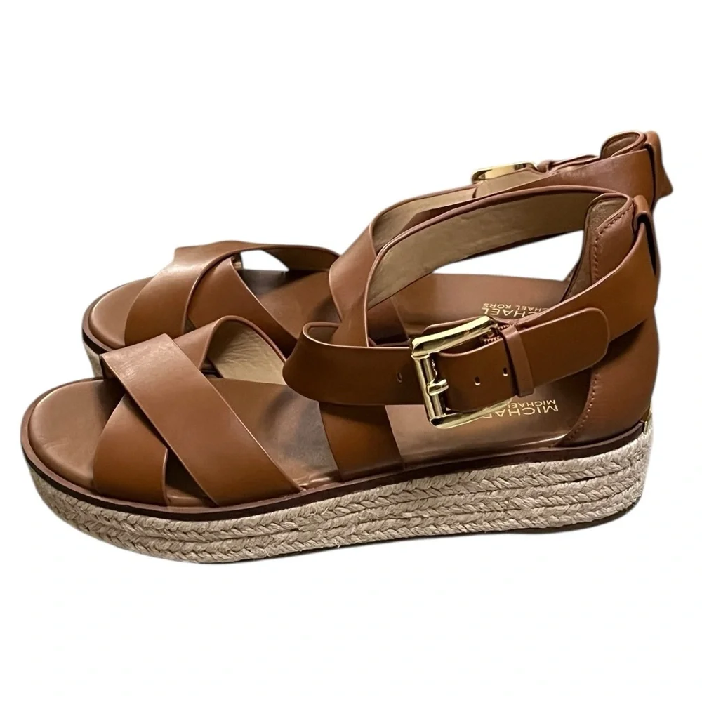 MICHAEL Michael Kors Tan Leather Espadrille Sandals with Gold Buckle